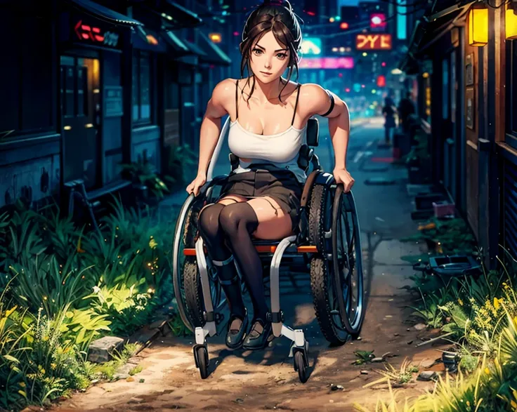 best quality, very detailed, highres, full body, break, solo, a girl sitting in a futuristic wheelchair. she is around a cyberpu...