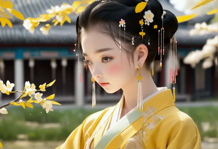 Chinese hanfu,A gentle girl in ancient Chinese style, Petite in stature, Dressed in goose yellow costume, It is embroidered with peach blossoms, Wear your hair in a simple bun, Earrings pearls, Enjoy the flowers in the garden,
