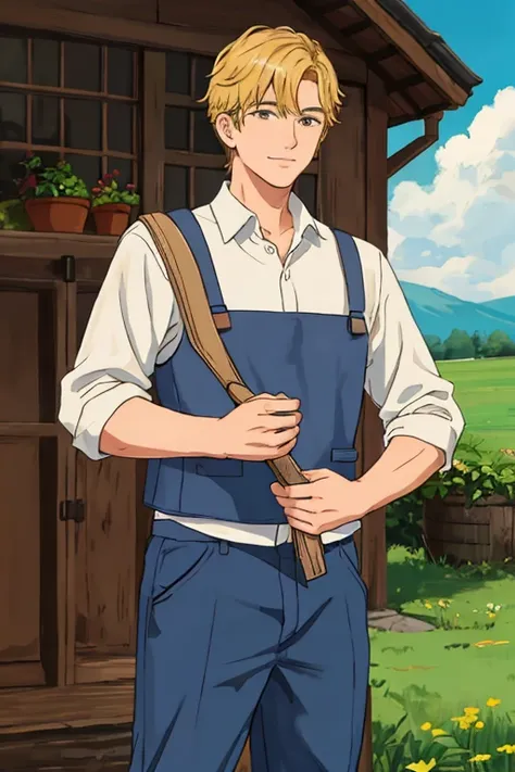 young man in a farmer&#39;s clothing close up + blond hair+ blue and dominant eyes + 60s 
