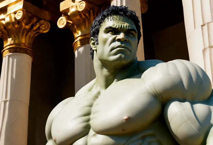 (The incredible hulk, nubile, contemplative stare looking to the heavens, dramatic powerful pose, marble statue, gold paint highlights), Greek temple