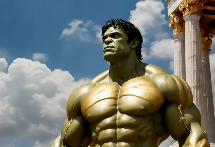 (The incredible hulk, nubile, contemplative stare looking to the heavens, dramatic powerful pose, marble statue, gold paint highlights), Greek temple