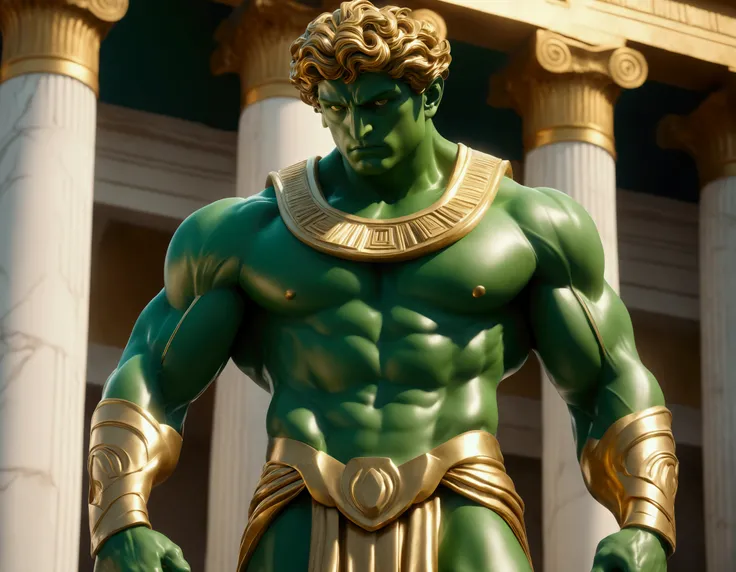 a muscular green humanoid figure, incredibly detailed and hyper-realistic, contemplative staring upwards, dramatic powerful pose, marble statue, gold paint highlights, Greek temple background, cinematic lighting, photorealistic, 8k, best quality, ultra-det...