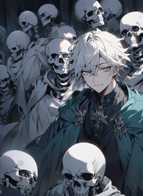 young man ,Male Dark, dark Woods, cold colors, man white hair with blue eye, Warlock dnd , Skeleton army in background, calm face expression