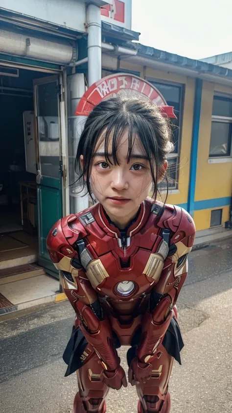 Highest quality　8k Iron Man Suit Girl　Elementary school girl　Sweaty face　cute　short hair　boyish　Steam coming from the head　My hair is wet with sweat　Black hair feel　Full body portrait