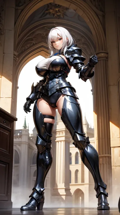 Adult woman with white hair and huge breasts，slim figure，Queen，black knight armor，Bare Legs，iron boots，Standing，castle