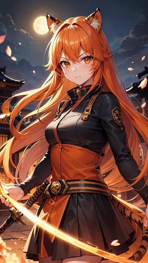 (masterpiece), best quality, expressive eyes, perfect face, details, solo, tiger girl, tiger tail, tiger ears, orange hair, long hair, bushy hair, orange eyes, assassin outfit, assassin mask, holding a sword, lightning sparks, spark of light, blood, city, ...