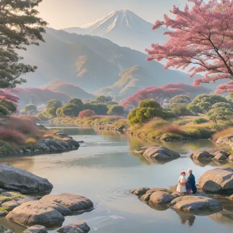 A serene Japanese river landscape with Mount Hii in the background. In the foreground, the divine figure Susanoo, depicted as a noble warrior in ancient Japanese attire, stands near the riverbank. Wooden chopsticks are visible floating on the rivers surfac...