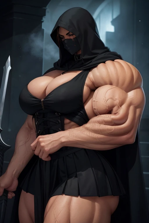 ((Close-up)), tall, (black hair) beautiful muscular woman, long straight hair, light brown skinned, closed smile, big breast, (black lipstick), ((massive muscles)), (hyper muscle), ((ginormous bulky muscles)), glowing orange eyes, ((black hooded coat with ...