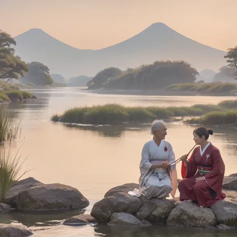 A serene Japanese river landscape with Mount Hii in the background. In the foreground, the divine figure Susanoo, depicted as a noble warrior in ancient Japanese attire, stands near the riverbank. Wooden chopsticks are visible floating on the rivers surfac...