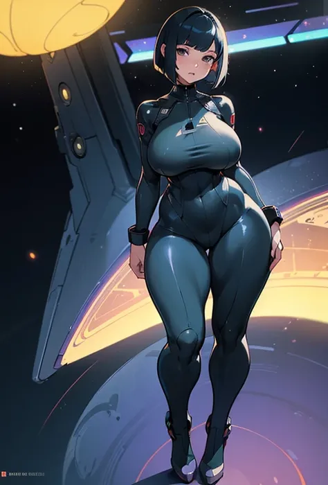 ((wide hips)), (huge thighs, very big thighs), big breast, young girl, Pullover, whole body to see, Bob cut hair, big thighs, very big breast, thin waist, fullbody, standing, front pose, bodysuit, space ship Pilot, platform heels , látex fullbody suit, Cyb...