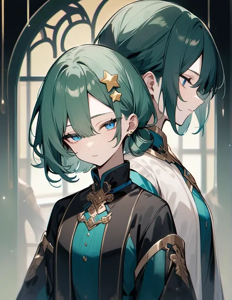 Vocaloid、Dark green hair、Bob hairstyle、Half-open eyes、Blue eyes、Beautiful clothes、Star hair ornament、