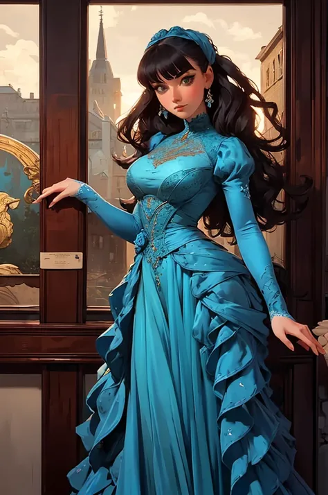 a painting of a woman in a blue dress standing on a ledge, a fine art painting by Louise Catherine Breslau, trending on cgsociety, fantasy art, victorian blue dress, intricate victorian dress, in victorian aristocrat, a beautiful victorian woman, fantasy v...