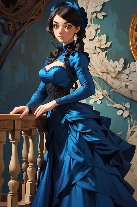 a painting of a woman in a blue dress standing on a ledge, a fine art painting by Louise Catherine Breslau, trending on cgsociety, fantasy art, victorian blue dress, intricate victorian dress, in victorian aristocrat, a beautiful victorian woman, fantasy v...