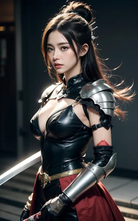 warrior,arms,armor,sword,Solitary,japanese armor,warrior,Long hair,Black Hair,Keep,warrior刀,Keep arms,Hair Bun,Looking at the audience,smokes,1 Girl,Hair accessories,sheath,black eyes,Keep sword,shoulder armor,Blood,Male focus,Hairpin,Not waking up,sheathe...