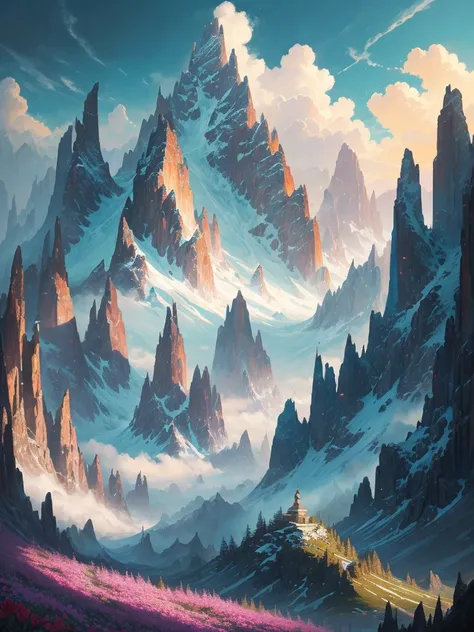 a painting of a mountain with flowers in the foreground, a matte painting by Alexander Kucharsky, trending on cgsociety, fantasy art, 🌺 cgsociety, stunning nature in background, a beautiful landscape, beatiful mountain background, beautiful landscape, beau...