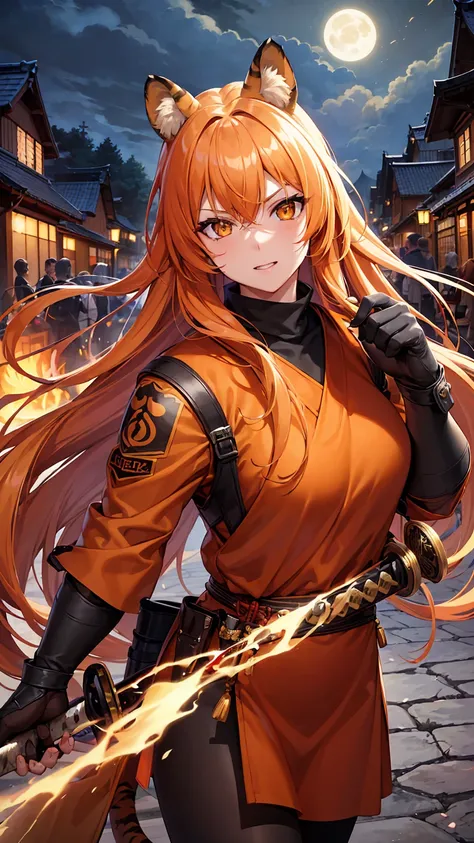 (masterpiece), best quality, expressive eyes, perfect face, details, solo, tiger girl, tiger tail, tiger ears, orange hair, long hair, bushy hair, orange eyes, assassin outfit, assassin mask, holding a katana, lightning sparks, spark of light, blood, city,...