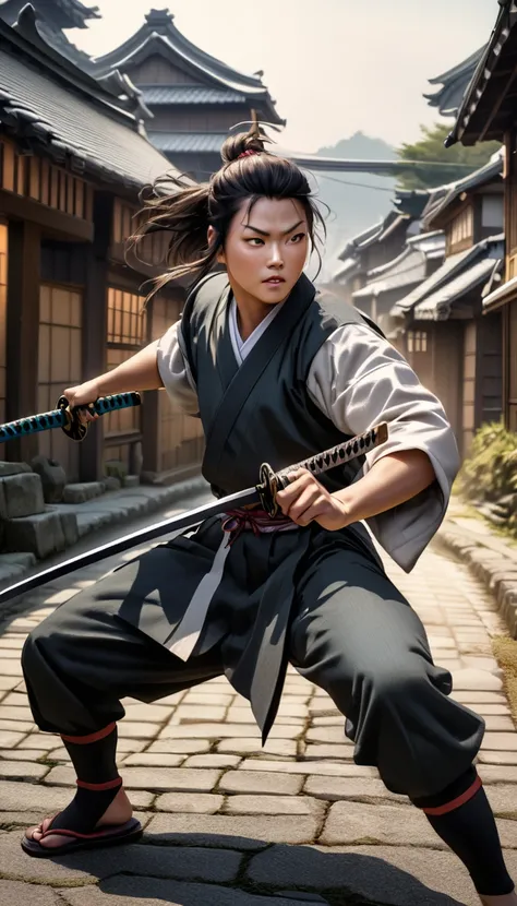 "Young Date Masamune in dynamic pose, wielding a katana aggressively, traditional Japanese village in background, realistic style"