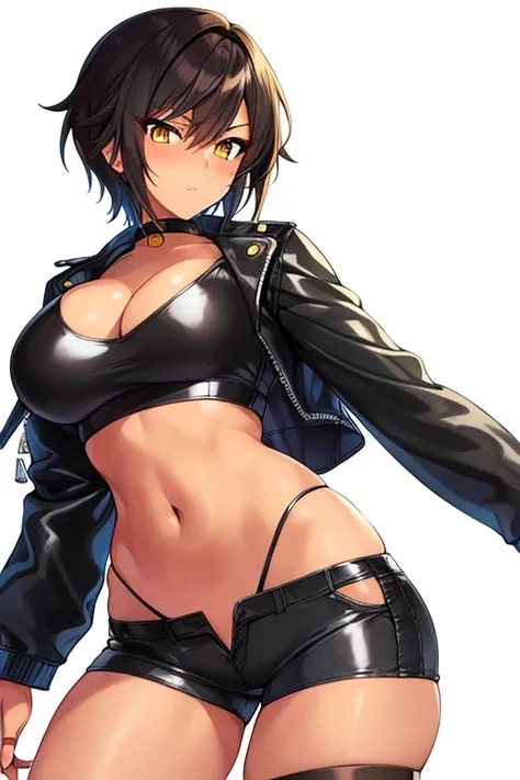 26 year old woman, tan-bronze skin, yellow eyes, busty, large breasts, hourglass figure, athletic, blushing, snarky expression, short hair, black hair, bangs, wearing, biker jacket, cropped leather jacket, red tank top, black denim hotpants, booty shorts, ...