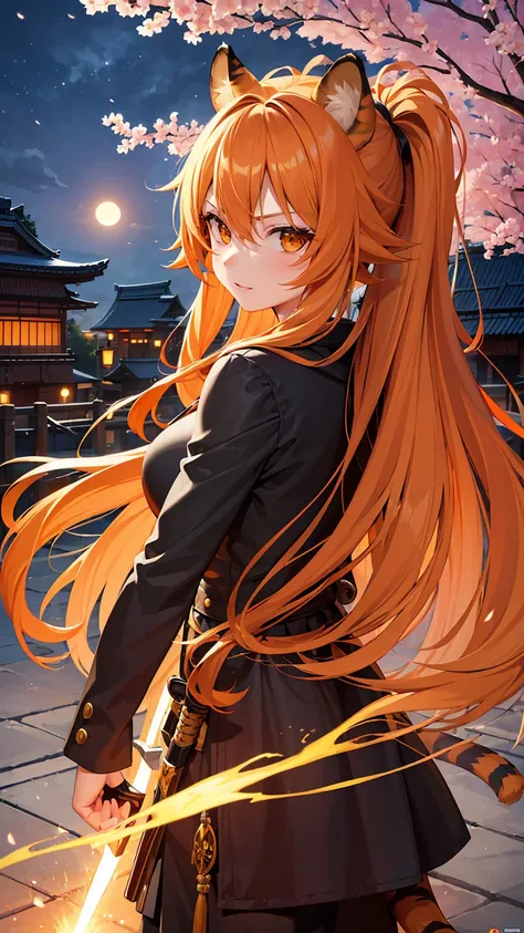 (masterpiece), best quality, expressive eyes, perfect face, details, solo, tiger girl, tiger tail, tiger ears, orange hair, long hair, bushy hair, orange eyes, assassin outfit, assassin mask, holding a katana, lightning sparks, spark of light, blood, city,...