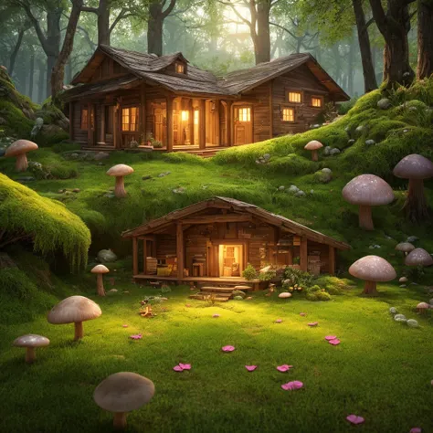 masterpiece, best quality, (extremely detailed CG unity 8k wallpaper), (best quality), (best illustration), (best shadow), A mushroom house covered with moss，firefly，wtarlight surrounds the room，petal, isometric 3D, octane render,ray tracing,ultra detailed...