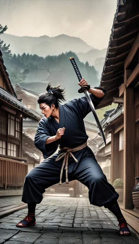 "Young Date Masamune in dynamic pose, wielding a katana aggressively, traditional Japanese village in background, realistic style"