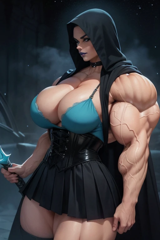 ((Close-up)), tall, (cyan blue hair) beautiful muscular woman, long beachy hair, pale white skinned, closed smile, big breast, (black lipstick), ((massive muscles)), (hyper muscle), ((ginormous bulky muscles)), glowing purple eyes, ((black hooded coat with...