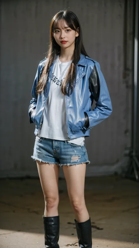 (8k、raw photos、highest quality、masterpiece:1.2)、(realistic、realistic)、1 girl、((light blue and black leather jacket、shorts、dark s...