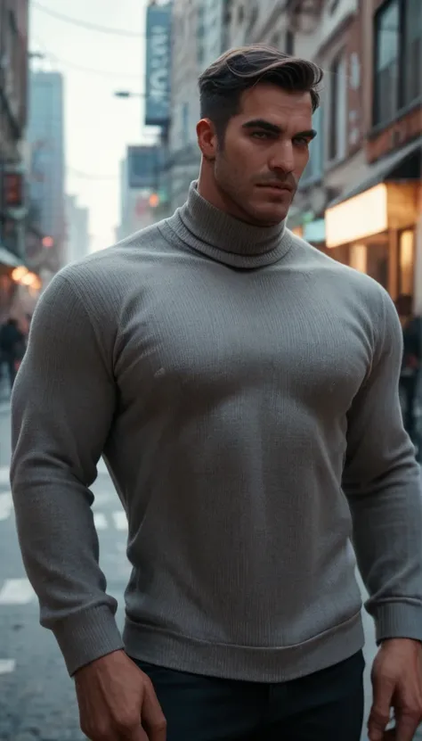 A handsome man, muscullar, comma hair style, grey sweater, militarry necklage, ransel on his right shoulder, city. 