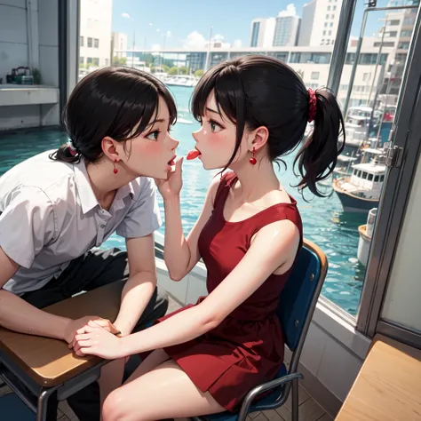 masterpiece、Highest quality、Earrings、Red Dress、Black Hair、Small breasts、girl、One person、Upper Body、hot、Sweat a lot、Sitting、ponytail、looking at the camera、classroom、Boat、Cruiser、Sitting、Angry、Kiss pose、tongue