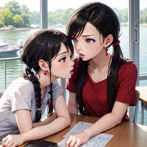 masterpiece、Highest quality、Earrings、Red Dress、Black Hair、Small breasts、girl、One person、Upper Body、hot、Sweat a lot、Sitting、ponytail、looking at the camera、classroom、Boat、Cruiser、Sitting、Angry、Kiss pose、tongue