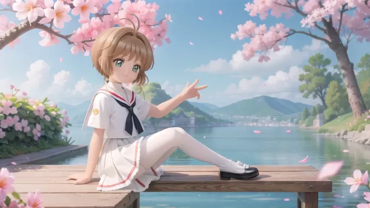 (masterpiece),  Outdoor,  cherry blossoms,  petal,  sunlight,  lake,  One Girl,  blush,  smile,  Medium Hair,  Sailor suit,Long skirt, Overgrown, petal, plant、Skirt lining、White slip、nostalgic、pantyhose（gray）、You can see the sea in the distance, Crotch clo...