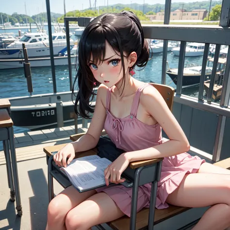 masterpiece、Highest quality、Earrings、Pink Dress、Black Hair、Small breasts、girl、One person、Upper Body、hot、Sweat a lot、Sitting、ponytail、looking at the camera、classroom、Boat、Cruiser、Sitting、Angry