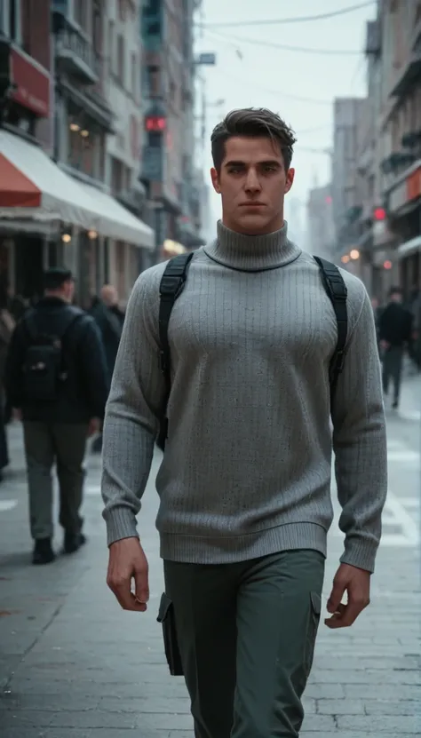 A handsome teenager man, comma hair style, grey sweater, militarry necklage, ransel on his right shoulder, city, crowded, walking, cool face