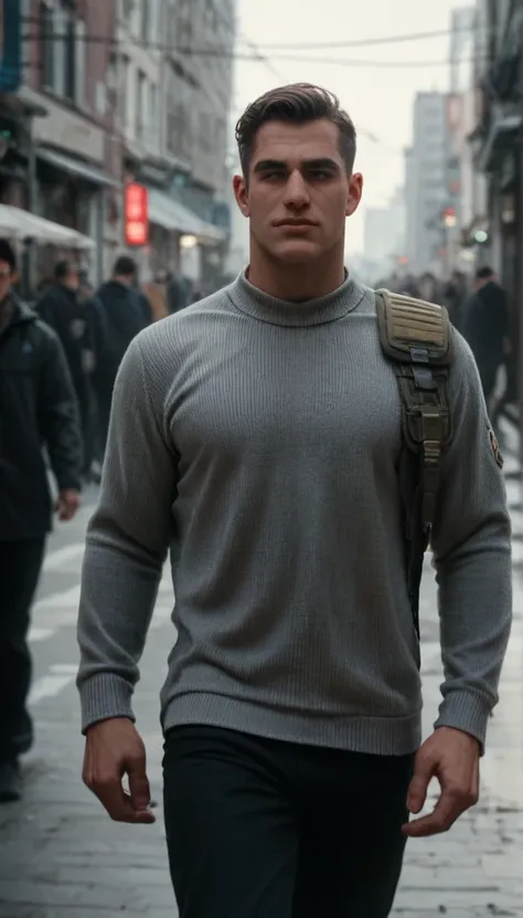 A handsome teenager man, comma hair style, grey sweater, militarry necklage, ransel on his right shoulder, city, crowded, walking, cool face