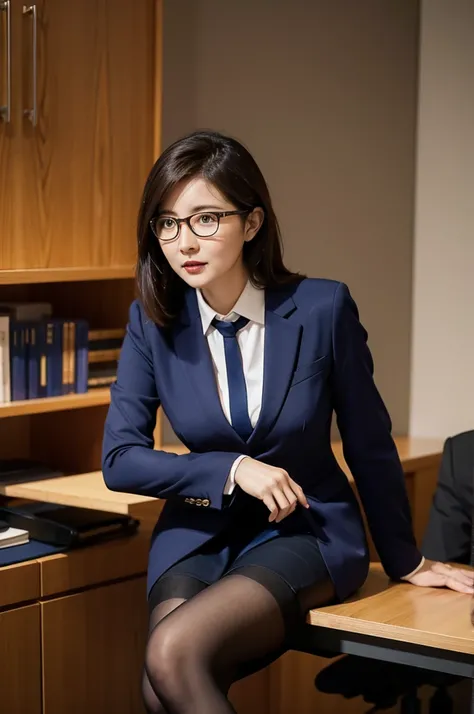 Middle-aged female secretary wearing pantyhose and suit style