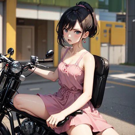 masterpiece、Highest quality、Earrings、Pink Dress、Black Hair、Small breasts、girl、One person、Upper Body、hot、Sweat a lot、Sitting、ponytail、looking at the camera、bike、motorcycle、Sitting、Angry