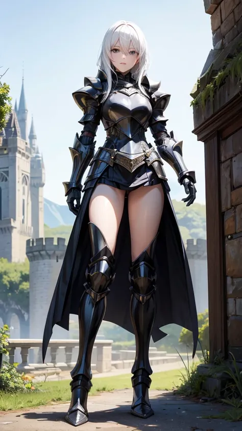 white hair adult woman，slim figure，Queen，black knight armor，Bare Legs，iron boots，Standing，castle