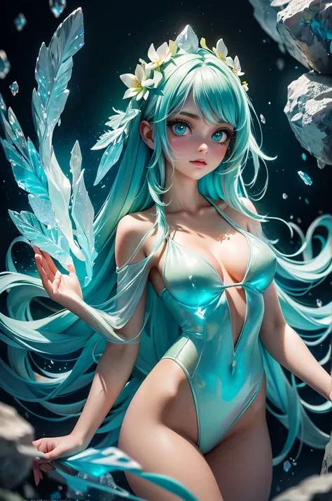 ultra-detailed half body photo of a young women merging with the bioluminescent environment, inside a sparkling blooming overgrown geode, waterfal, misty, she ral-dissolve into particles, waving gossamer crystals made of ral-crztlgls, she glows with an eth...