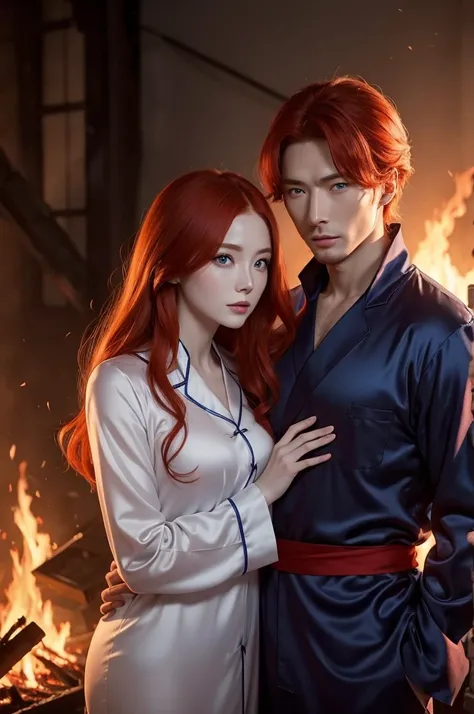 A white woman with blue eyes and redhead, she was in the middle of a fire, She was next to a man, Cao Cao, chestnut hair, lovely eyes, he wore a completely red mask, She, in the midst of the flames, wore silk pajamas, no Asian appearance.