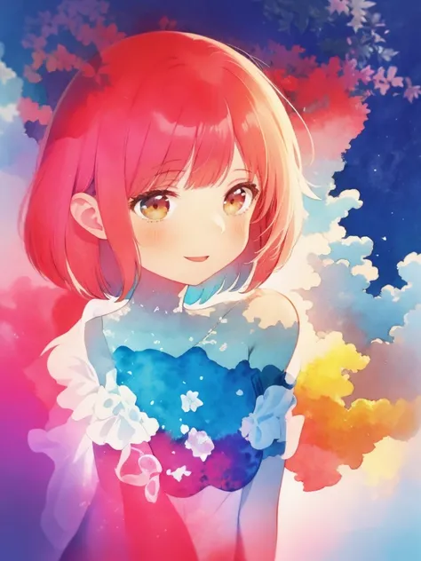 One bob cut girl, Laughter, Cute pose, strawberryの雲, strawberryの海, strawberry, Pale pink style, A dreamy, romantic piece, Pale colors, Bright colors, Fantastic, A playful arrangement,Fantasy, High Contrast, Exposure,  ((Watercolor )) Brush strokes