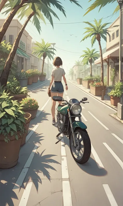 anime image, on a straight, paved street, on this street a biker on a motorcycle, a pedestrian walks on the sidewalk, on the right a green garden and in the distance from the garden we see 4 equidistant palm trees, sidewalk next to the garden goes in the d...