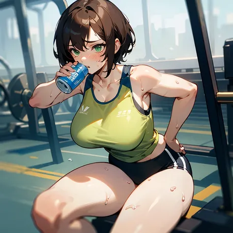 ((Best Quality)) ((masterpiece))  girl with short brown hair, wide thighs, Thin waist,big breasts, with a tank top pars sport, a tight short, light green eyes, with sweat on the face, drinking water from a bottle, in the gym. 