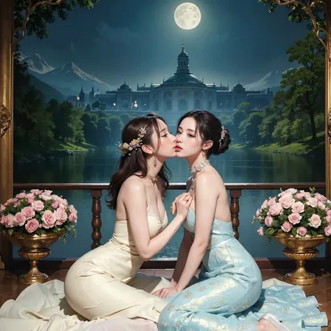 (masterpiece, highest quality, official art, beauty and aesthetic:1.5), two women is deeply in love with each other, kiss, romantic atmosphere, flower and moon, magnificent panorama view