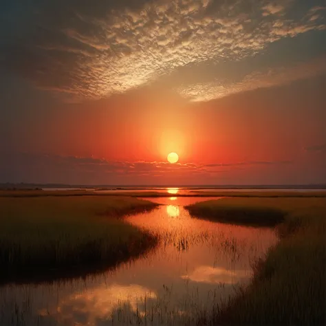 Wetland in the evening, Summer sky、coastline、Sparkling Water,、Wrapped in the afterglow of the sunset, A huge pale red sun floating in the distant clouds, faintly recognizable, full of mysterious atmosphere, (((Lack of trees)),oli texture, by Brent Cotton