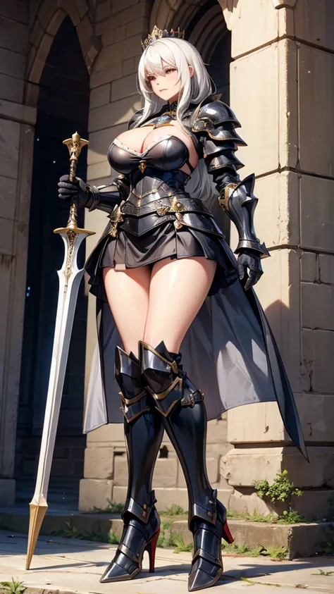 Adult woman with white hair and big breasts，cleavage，slim figure，Queen，black knight armor，Iron skirt，Bare Legs，iron boots，Standing，castle