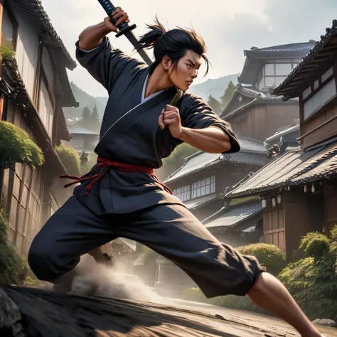 "Young Date Masamune in dynamic pose, wielding a katana aggressively, traditional Japanese village in background, realistic style"