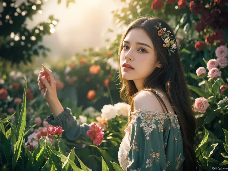 a beautiful girl in a flower garden, long flowing hair, detailed facial features, elegant dress, soft lighting, fantasy art, cinematic color palette, intricate details, masterpiece, 8k, hyperrealistic, highly detailed, photorealistic, dramatic lighting, wa...