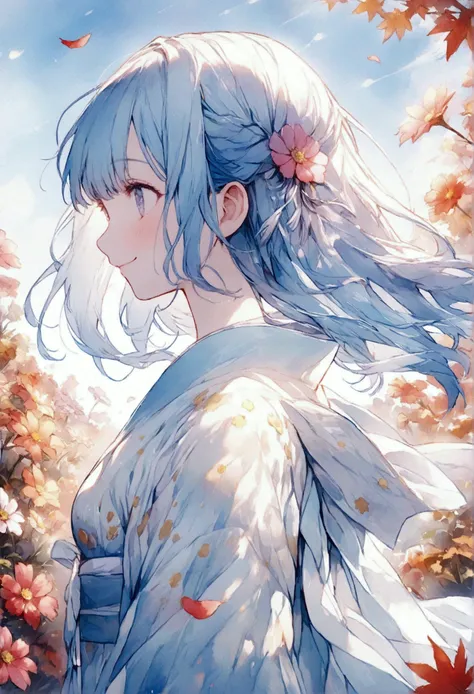 (High resolution、Very detailed、Hmph、movie)、alone、1 Girl、happiness、Girl Standing In Cosmos Flower Garden、Girl around the petals、Cute Smile、Esbian all over、Girl with long blue hair、Light blueの髪、Look forward、Fantasy、Official Art、Pop Art、profile、Very detailed顔...