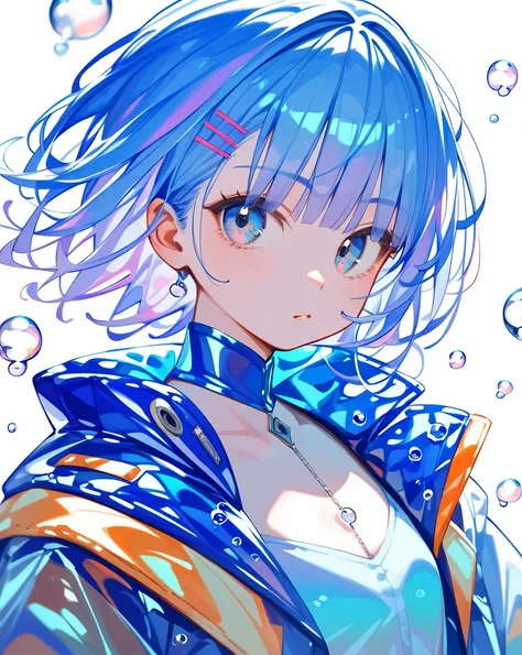 an anime girl, looking at viewer, bubbles, highly detailed, reflective transparent iridescent opaque jacket, long transparent ir...