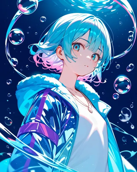 an anime girl, looking at viewer, bubbles, highly detailed, reflective transparent iridescent opaque jacket, long transparent ir...